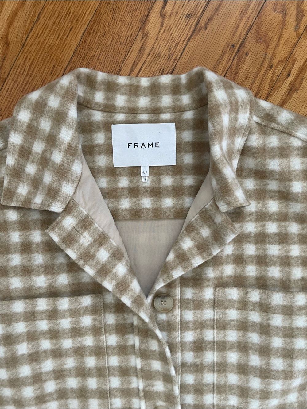 FRAME Beige & White Gingham Button-Up Shirt Jacket “shaket”, sz s/p
